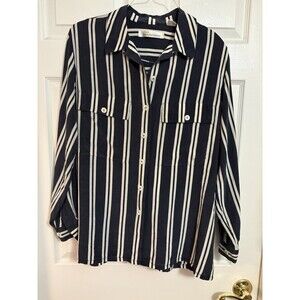 Y2k Dana Buchman Blouse 100% Silk Blue & Whitestripe Flawed, SIZE 14